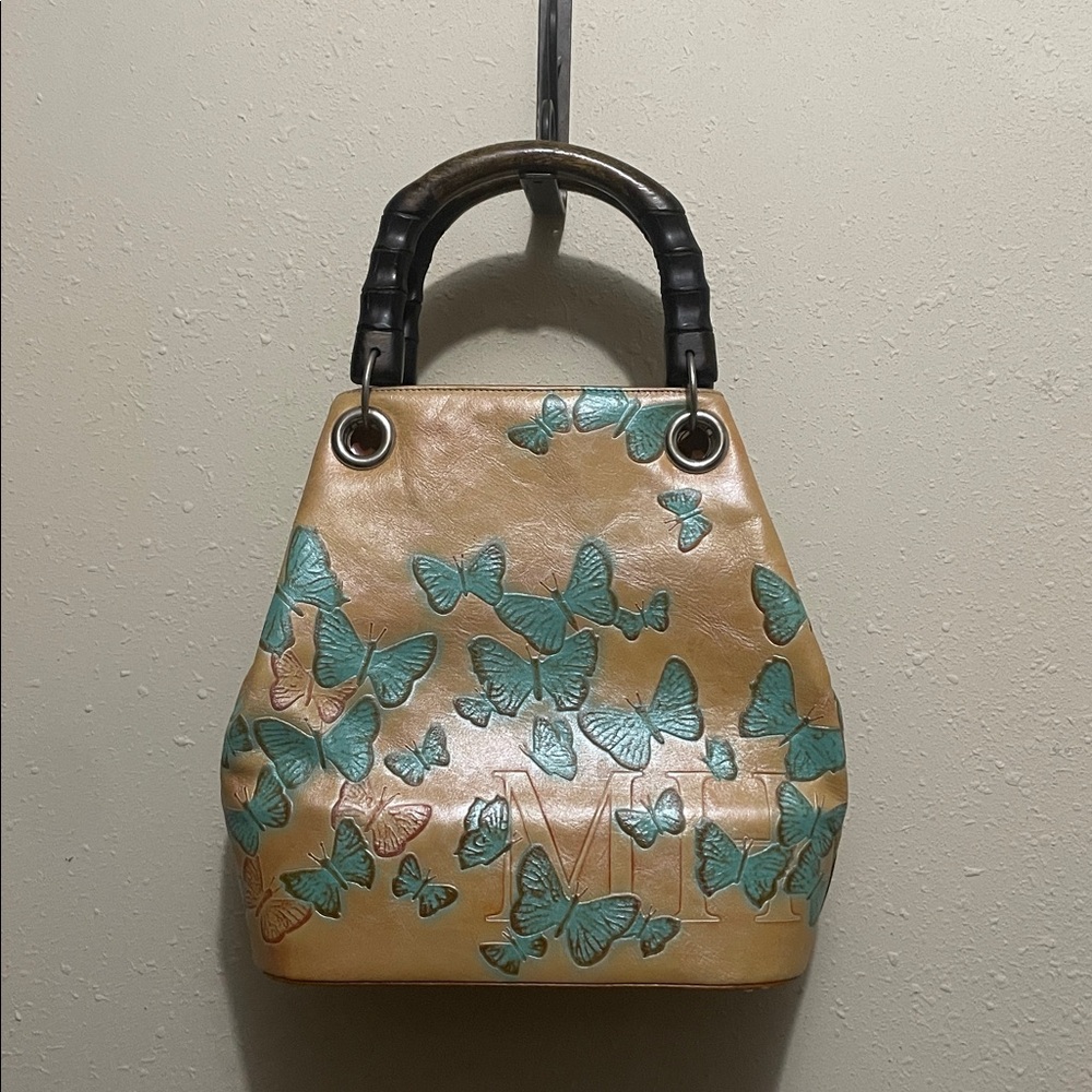 Butterfly Embossed Tan and Green Handbag - Picture 2 of 16
